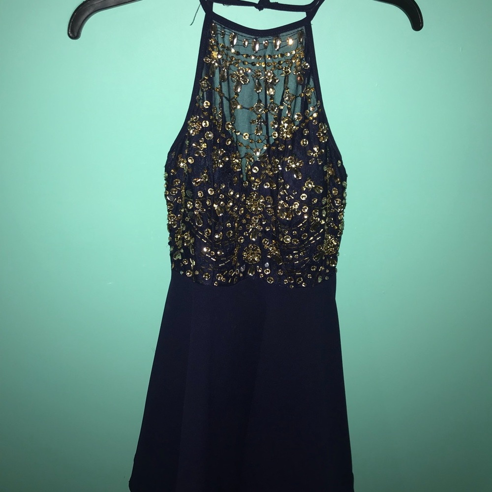 Dark navy formal dress w/ gold detailing
